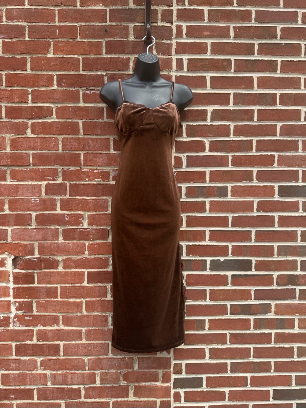 Y2K Chocolate Brown Velvet Midi Dress with Slit